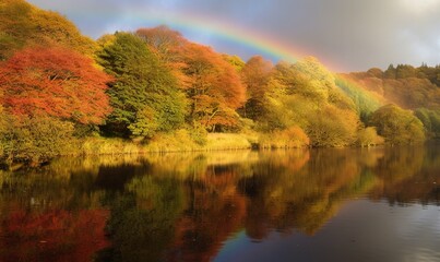  a rainbow shines in the sky over a lake surrounded by trees and foliage with a rainbow reflecting in the water and a rainbow in the sky.  generative ai