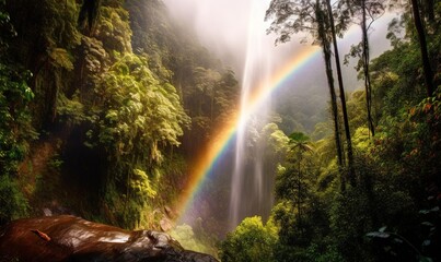  a rainbow in the middle of a forest with a waterfall in the background and a rainbow in the middle of the forest with a rainbow in the middle of the forest.  generative ai