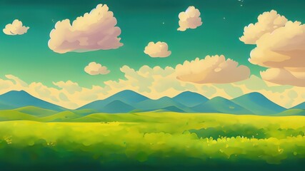 Obraz na płótnie Canvas Sommerfelder, Hügellandschaft, grünes Gras, blauer Himmel mit Wolken, flache Cartoon-Malerei-Illustration. Generative KI.