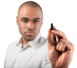 Young business man in suit holding pen isolated on white background
