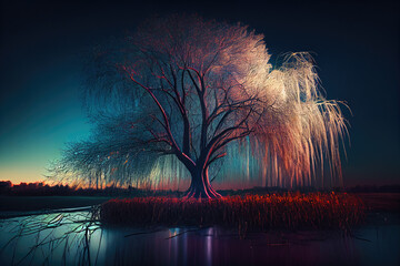 willow tree. large lake in the park. Generative AI