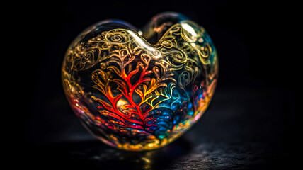 Shiny glass heart with patterns. Ai generated