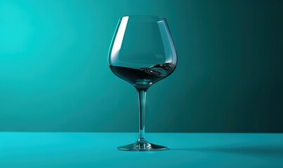  a glass of wine is sitting on a blue tablecloth with a green background and a blue wall behind it, with a small amount of wine being poured into the glass.  generative ai