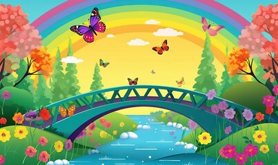 Obraz na płótnie Canvas a bridge over a river with a rainbow in the sky and a rainbow in the sky above it and a rainbow in the sky above it. generative ai
