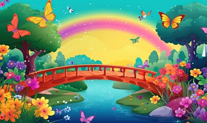  a bridge over a river surrounded by flowers and butterflies with a rainbow in the sky behind it illustration by alex krawczyciak.  generative ai - obrazy, fototapety, plakaty