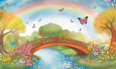  a painting of a bridge over a river with a rainbow in the sky above it and butterflies flying over the bridge over the water below.  generative ai