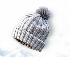 Winter gray hat, background snow