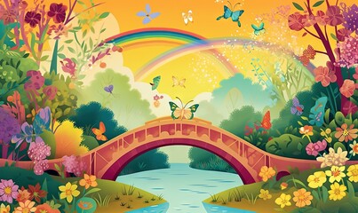 Obraz na płótnie Canvas a painting of a bridge with a rainbow in the background and a rainbow in the sky over a river with flowers and a rainbow in the background. generative ai