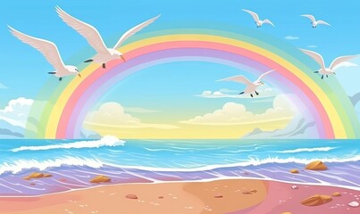 Fototapeta na wymiar a painting of birds flying over a beach with a rainbow in the sky and a wave crashing on the beach and rocks in the water. generative ai