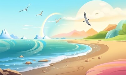 Fototapeta na wymiar a beach with a bird flying over the water and a mountain in the background with a bird flying over the water and a beach with rocks and sand. generative ai