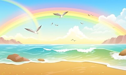 Fototapeta na wymiar a painting of a rainbow over the ocean with birds flying over the waves and a beach with a rock formation in the foreground and a rainbow in the background. generative ai