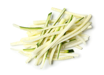 Slices of fresh green zucchini on white background