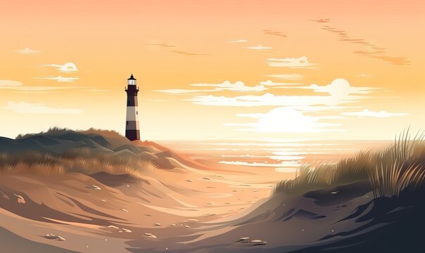  a painting of a lighthouse on a sandy beach at sunset with a cloudy sky in the background and a path leading to the light house.  generative ai