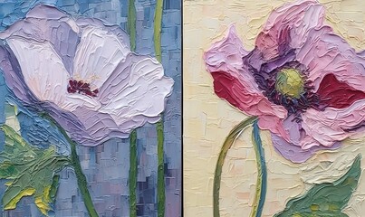  a painting of two flowers on a blue and pink background, one is painted with acrylic paint and the other is painted with acrylic paint.  generative ai