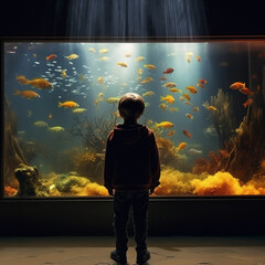 Children looking at a fish tank in an aquarium. Generative AI.