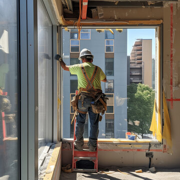 Technician installing a window. Generative AI.