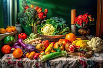Assortment of fresh colorful organic vegetables on table, healthy food background. Generative Ai