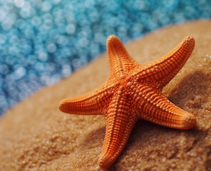Starfish in orange color, sea as a background