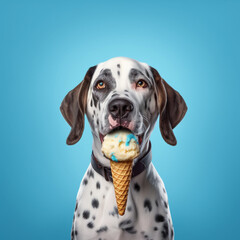 Dog eating ice cream on a blue background. Generative AI.