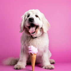 Dog eating ice cream on a pink background. Generative AI.
