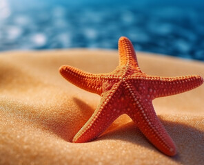 Starfish in orange color, sea as a background