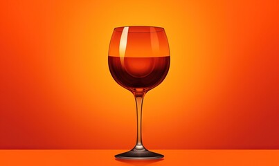  a glass of wine sitting on top of an orange table top next to an orange wall with a red background and a red background behind it.  generative ai