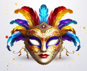 Carnival mask made with feathers on white background