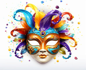 Carnival mask made with feathers on white background