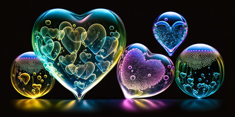 Shiny glass hearts with patterns. Ai generated