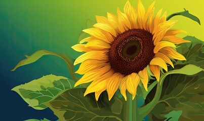  a painting of a sunflower on a green and yellow background with leaves and a blue sky in the background with a green and yellow background.  generative ai