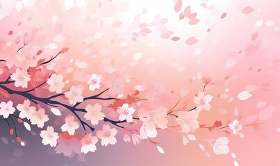 Obraz na płótnie Canvas a branch of a cherry blossom tree with pink and white flowers on a pink and purple background with a soft light reflection of the sky. generative ai