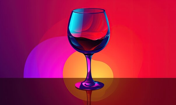  a glass of wine sitting on top of a table next to a red and purple background with a sun in the distance and a red and purple circle in the middle.  generative ai