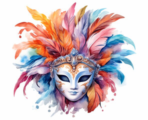 Carnival mask made with feathers on white background