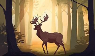  a deer standing in the middle of a forest with tall trees and sun shining through the trees behind it, with the light coming through the trees.  generative ai