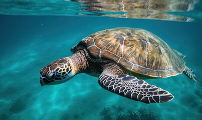 Fototapeta premium a turtle swimming in the ocean with clear blue water and a green turtle swimming in the water with its head above the water surface, looking at the camera. generative ai