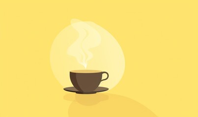 Obraz premium a cup of coffee with steam rising out of the top on a saucer on a yellow background with a shadow of a light bulb. generative ai