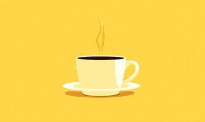  a cup of coffee on a saucer on a yellow background with a shadow of a coffee cup on a saucer on a saucer.  generative ai