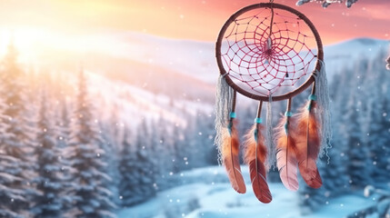 A dream catcher hanging from a tree in the snow. Generative AI. - obrazy, fototapety, plakaty