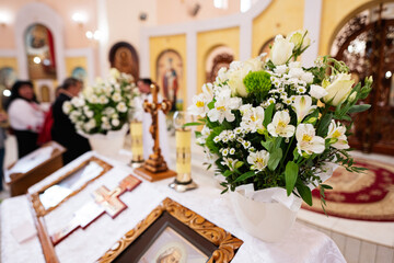 Bouquet of white flowers in the Orthodox church