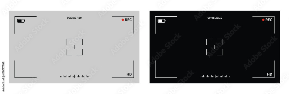 Poster Camera viewfinder set vector.Recorder cam display, viewfinder ui for camera. Video camera focusing screen on grey and transparent background. Vector illustration