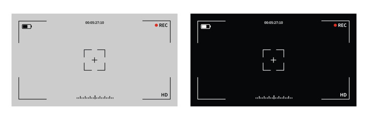 Camera viewfinder set vector.Recorder cam display, viewfinder ui for camera. Video camera focusing screen on grey and transparent background. Vector illustration - obrazy, fototapety, plakaty