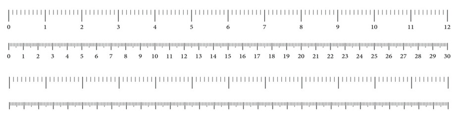 Size indicators measuring tool, ruler scale, precision measurement of ruler scale, centimeters and inches. Set of ruler 30 cm 12 inch on transparent background.	 - obrazy, fototapety, plakaty