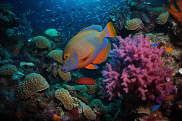 An animated, transparent-bodied fish swims gracefully through a coral reef, surrounded by vivid colors and shapes of other sea life.