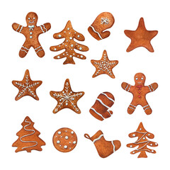 Fototapeta na wymiar Set of watercolor Christmas gingerbread cookies decorated with white icing isolated on transparent background. Xmas pastries. Illustration of gingerbread man, mitten, sock, star, spruce, round cookie
