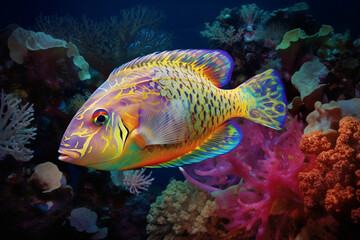Fototapeta premium An animated, transparent-bodied fish swims gracefully through a coral reef, surrounded by vivid colors and shapes of other sea life.