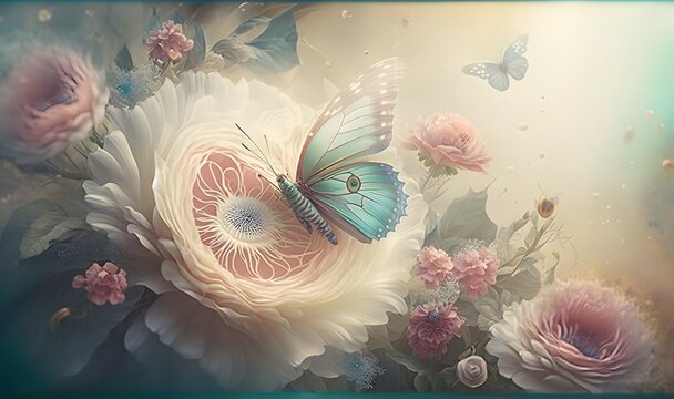  Mysterious Fairytale Spring Or Summer Fantasy Floral Banner With Rose Flowers Garden, Flying Peacock Eye And Blue Butterflies On Blurred Beautiful Background Toned In Soft Pastel Colors And Sun Rays