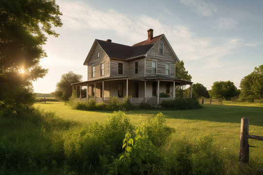 A cinematic view of an old, two-story farmhouse with a wraparound porch, surrounded by lush green fields and a bright blue sky.