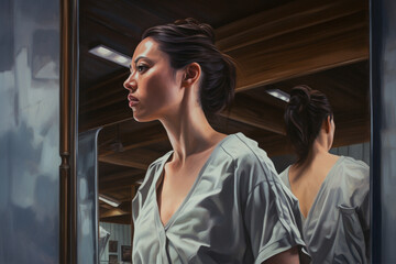 A hyper-realistic painting of a woman in the process of becoming her best self.