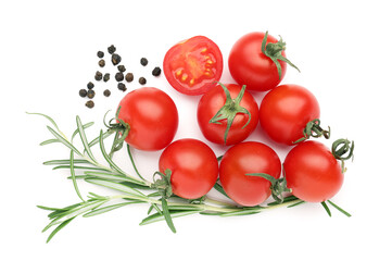 Composition with ripe cherry tomatoes and spices on white background