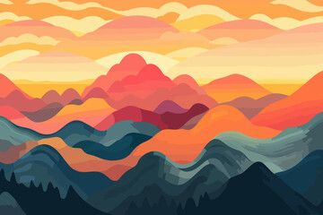 Fototapeta na wymiar Doodle inspired Mountain Summit Sunrise, Sunset pattern pattern, cartoon sticker, sketch, vector, Illustration